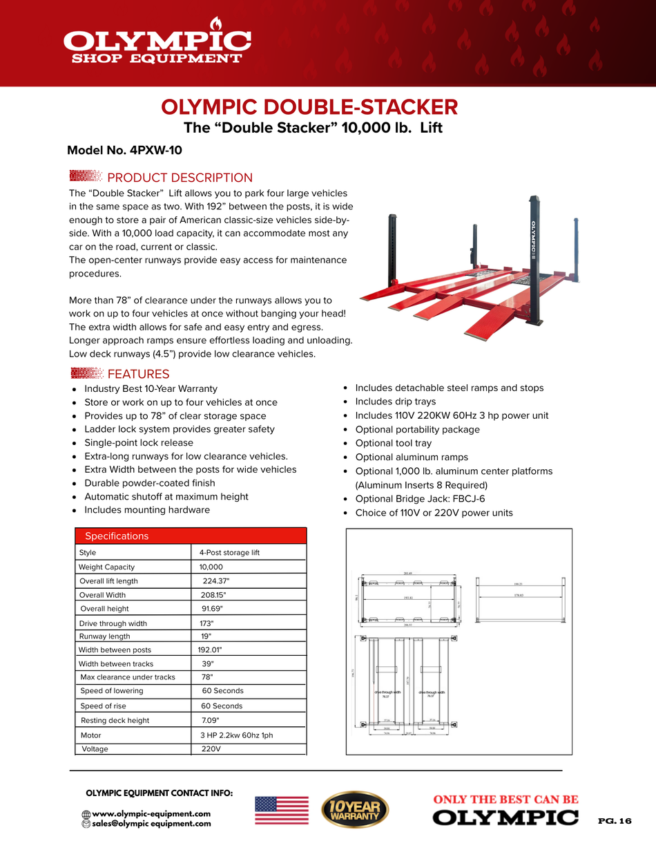 Olympic 4PXW-10 / Doubler-Wide Four Car Stacking Lift / 10,000 Lb. Capacity