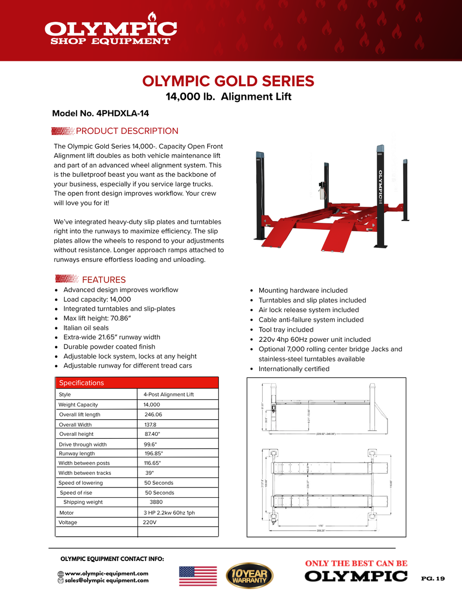 Olympic 4PHDXLA-14 / Alignment Lift / 14,000-lb. Capacity