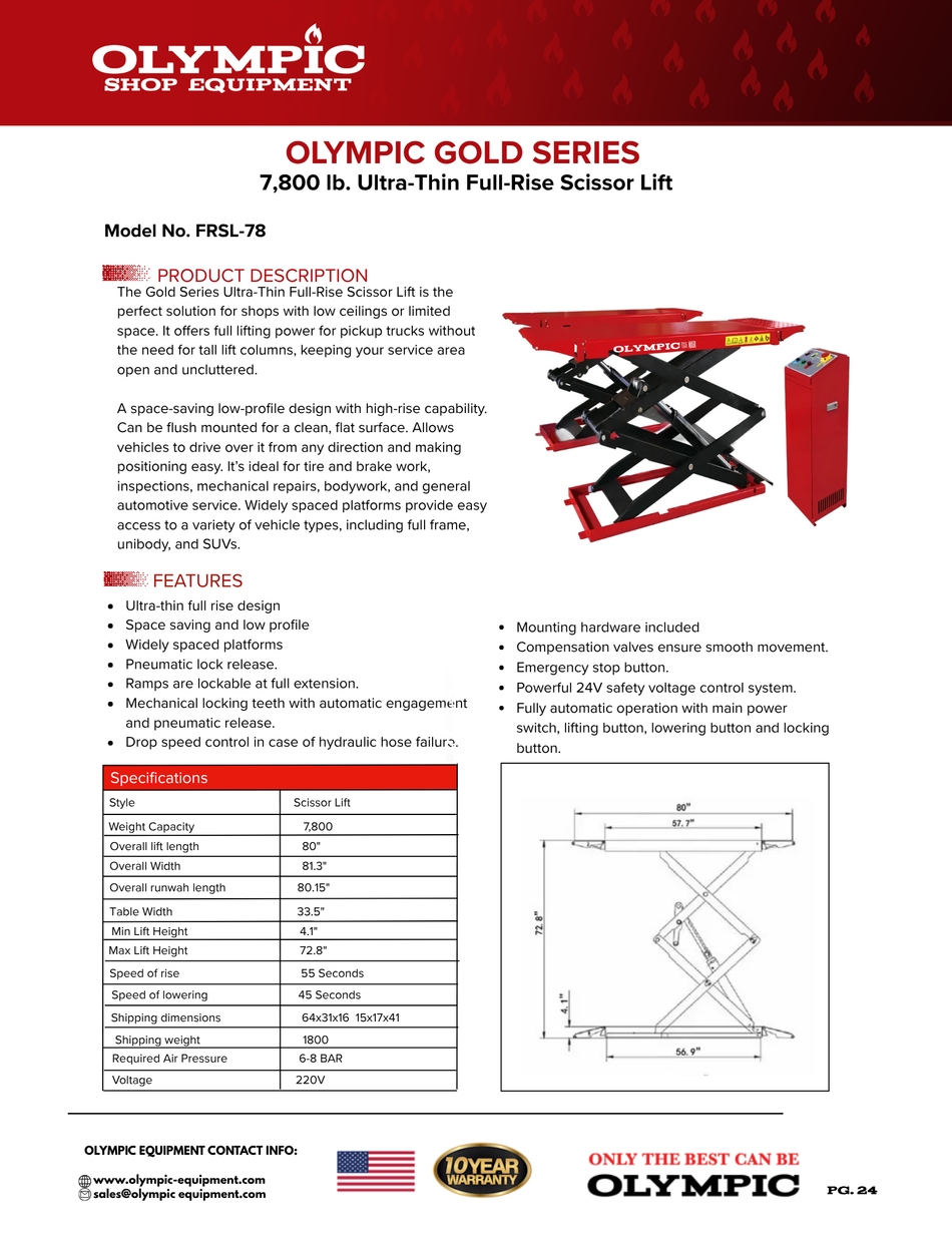 Olympic FRSL-78 / Ultra-Thin Full-Rise Scissor Lift / 7,800 Lb. Capacity