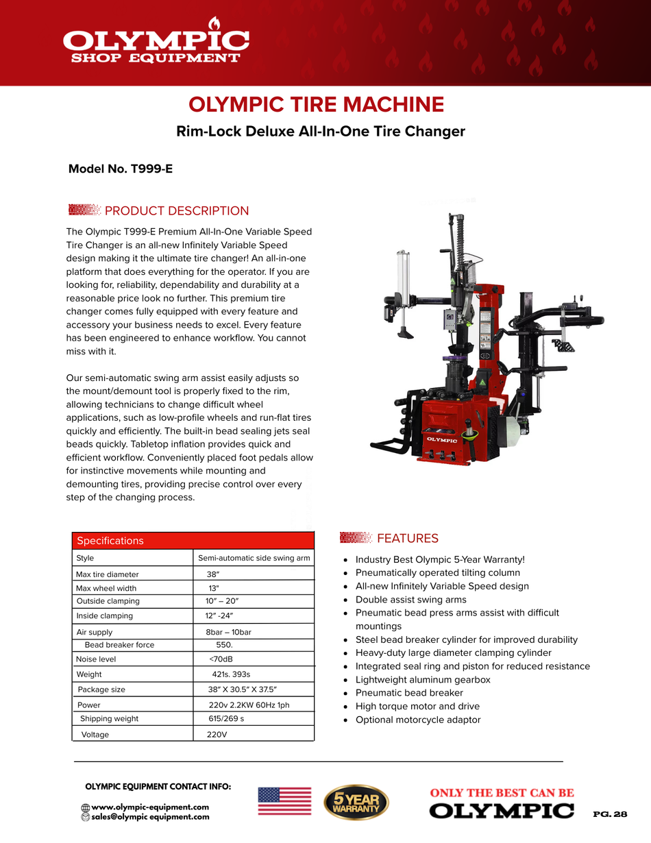 Olympic T-999E / Deluxe Tire Changer with Dual Assist Arms