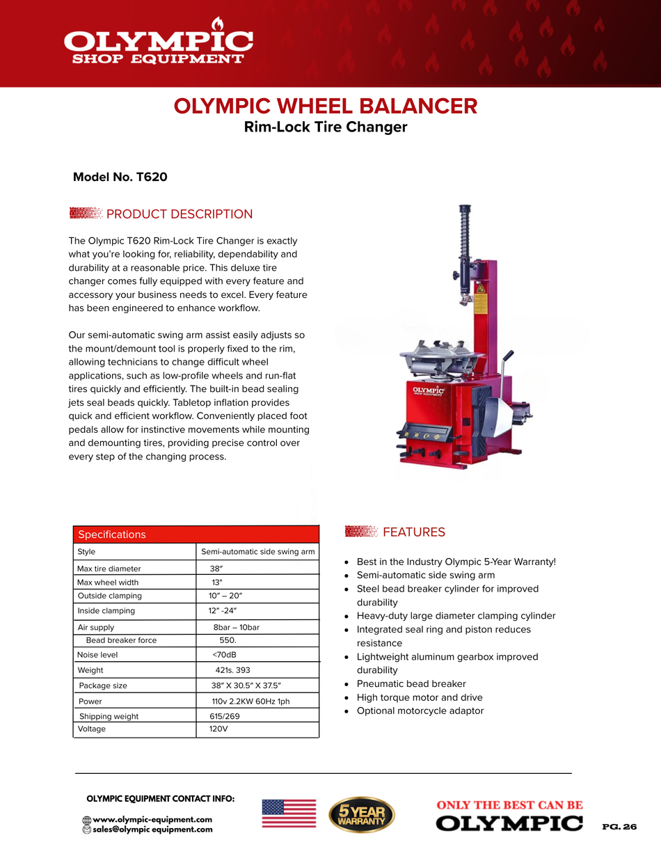 Olympic T620 / Rim-Lock Tire Changer with Swing-Arm Assist