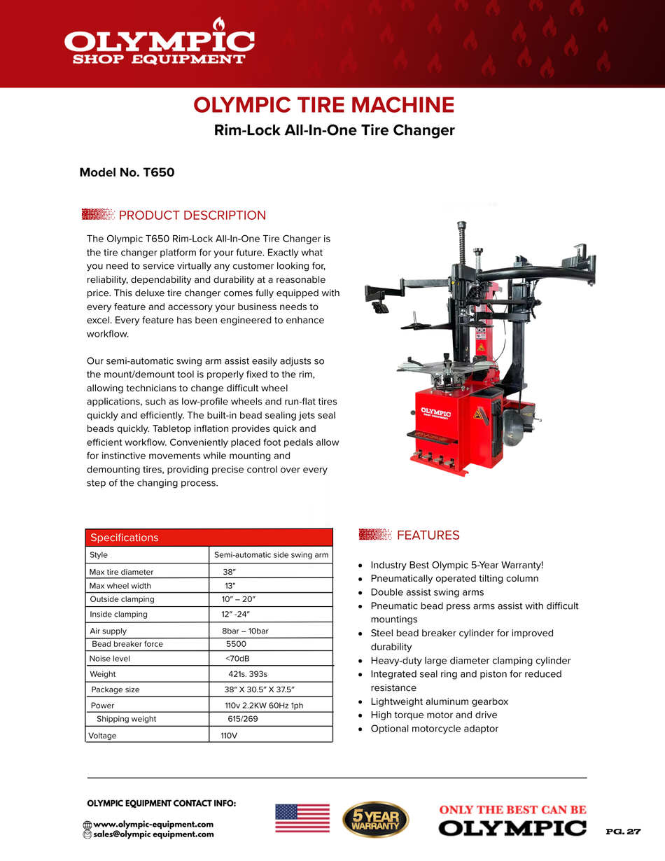 Olympic T650 / All-in-One Tire Changer with Dual Assist Arms